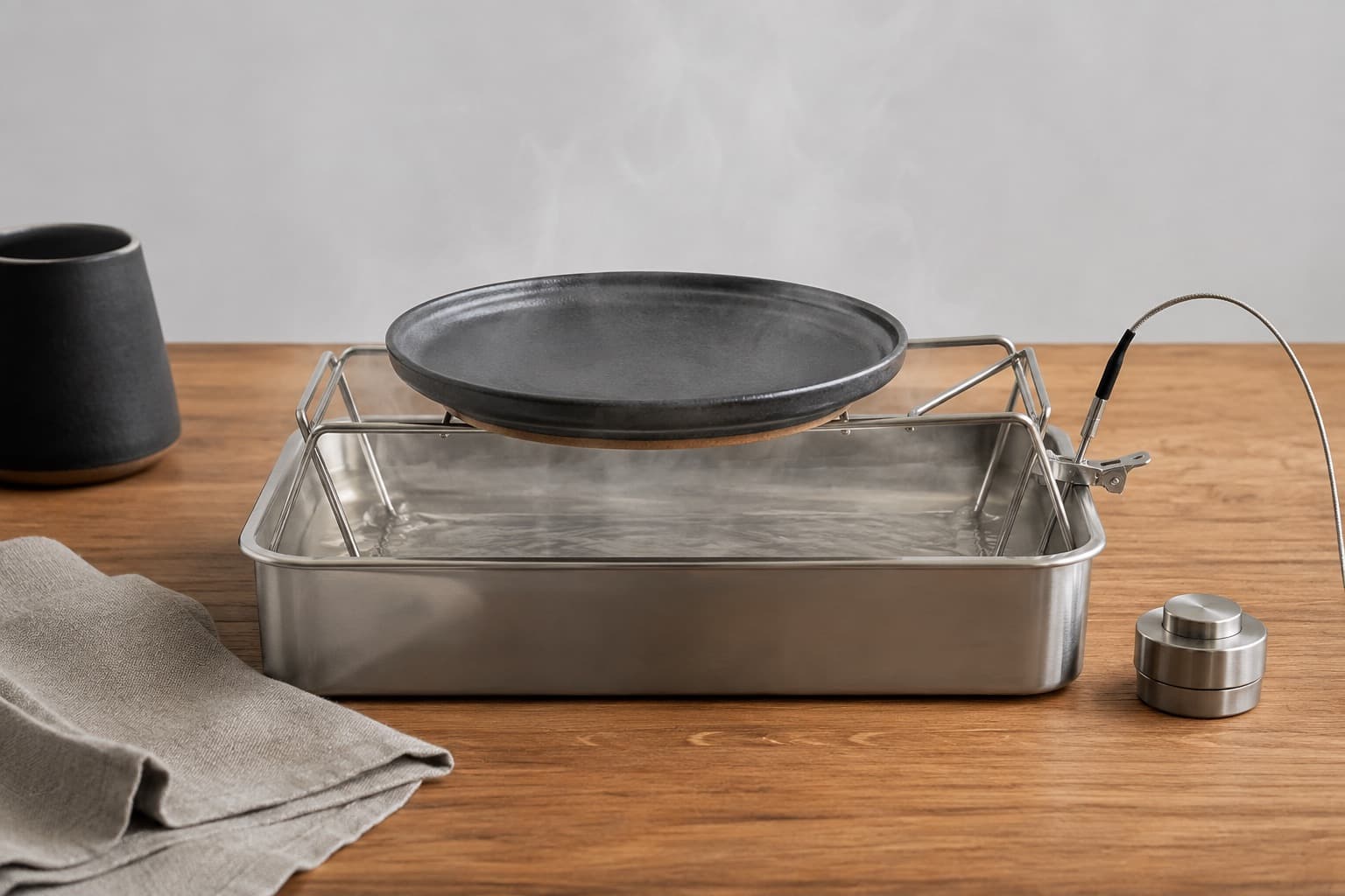 A stoneware plate held in a wire cradle above a steaming water bath with a thermometer probe clipped to the rim.