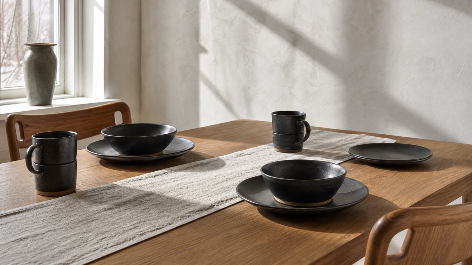 Charcoal stoneware laid for breakfast on oak, in cool morning daylight.