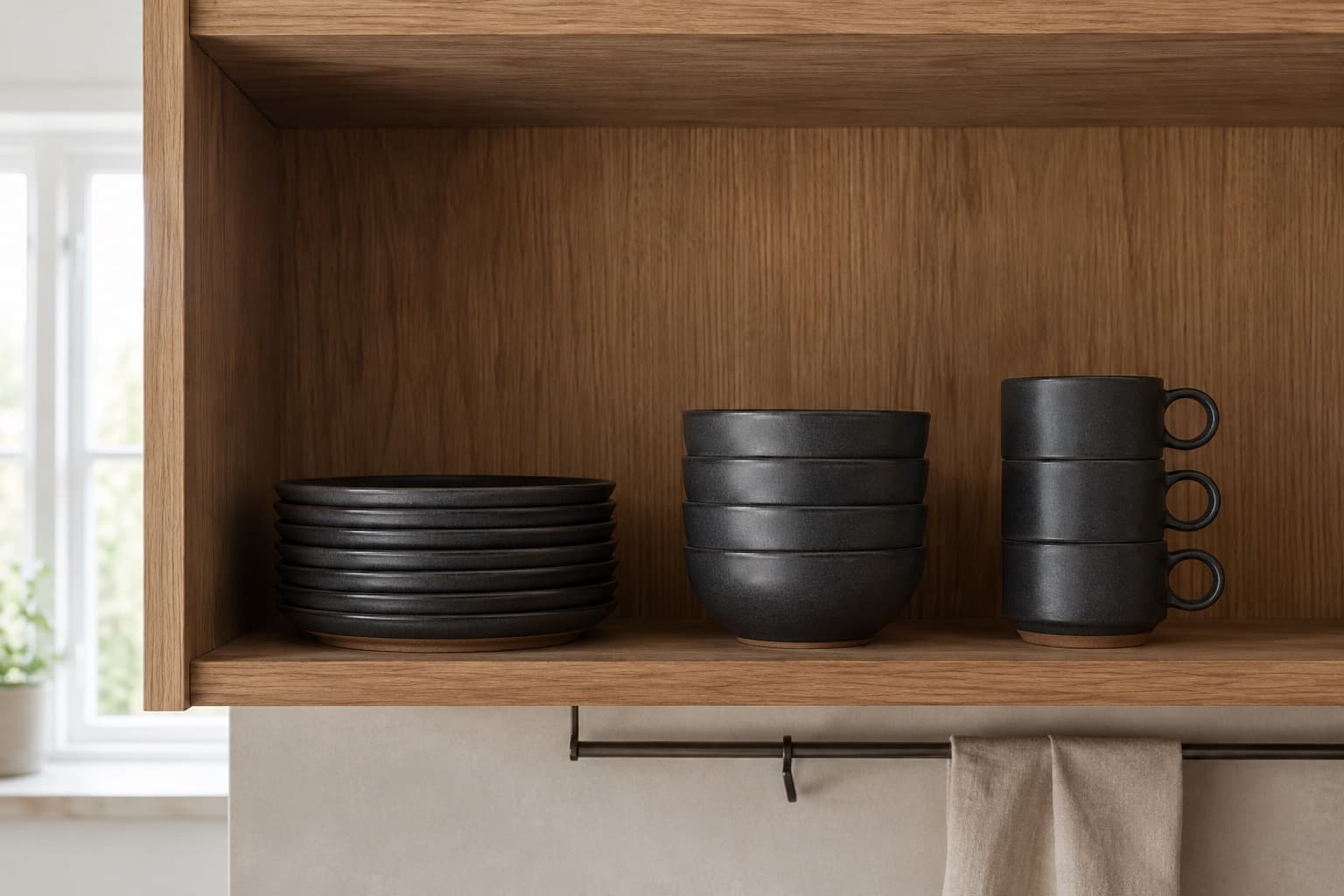 An oak cabinet shelf holding three columns of charcoal stoneware: plates, nested bowls and stacking mugs.